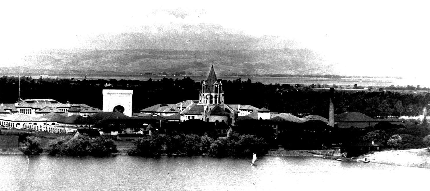Historical black-and-white photograph of Lake Lagunita and the Stanford campus, useful for understanding that the lake has changed through time and is a good target for remote sensing.