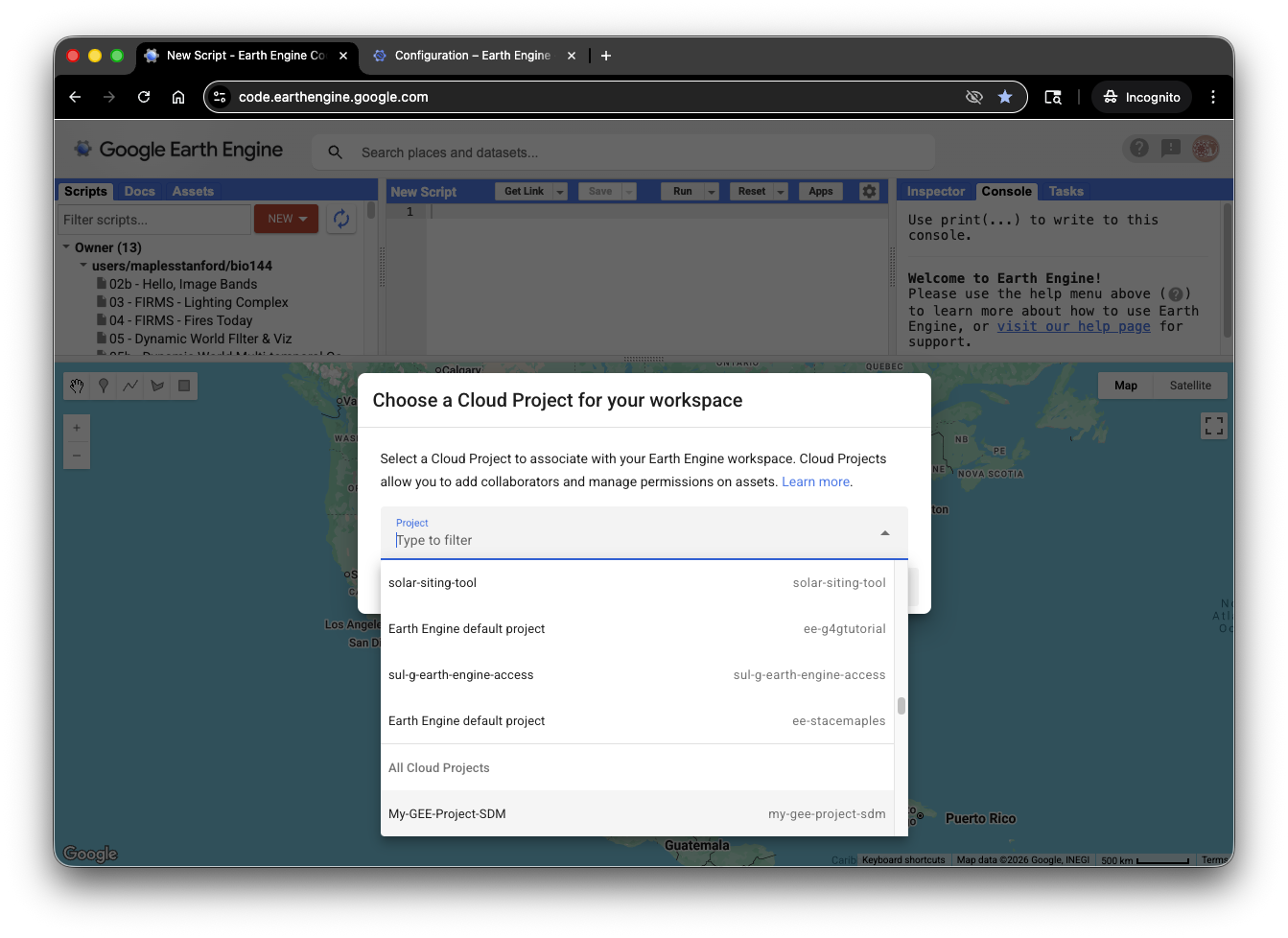 Project selection modal