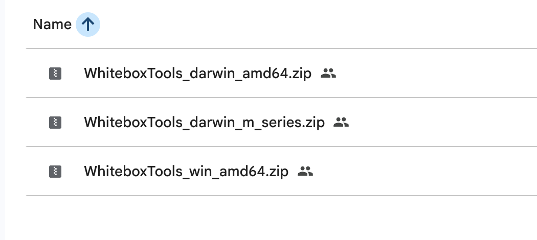 Screenshot of the shared Google Drive folder containing the Whitebox Tools binary files for Mac and Windows.