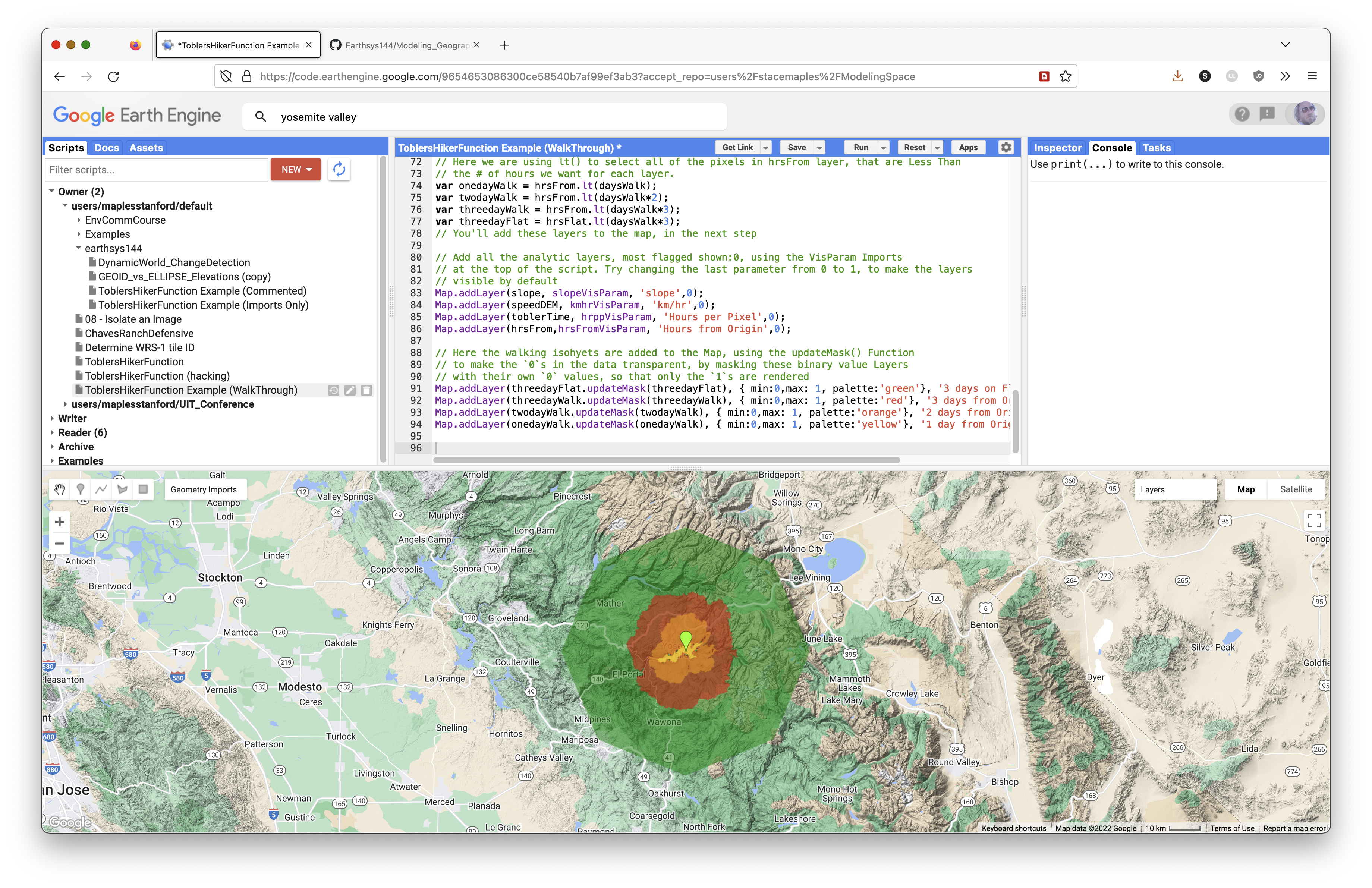 Screenshot showing the completed model result in Earth Engine.