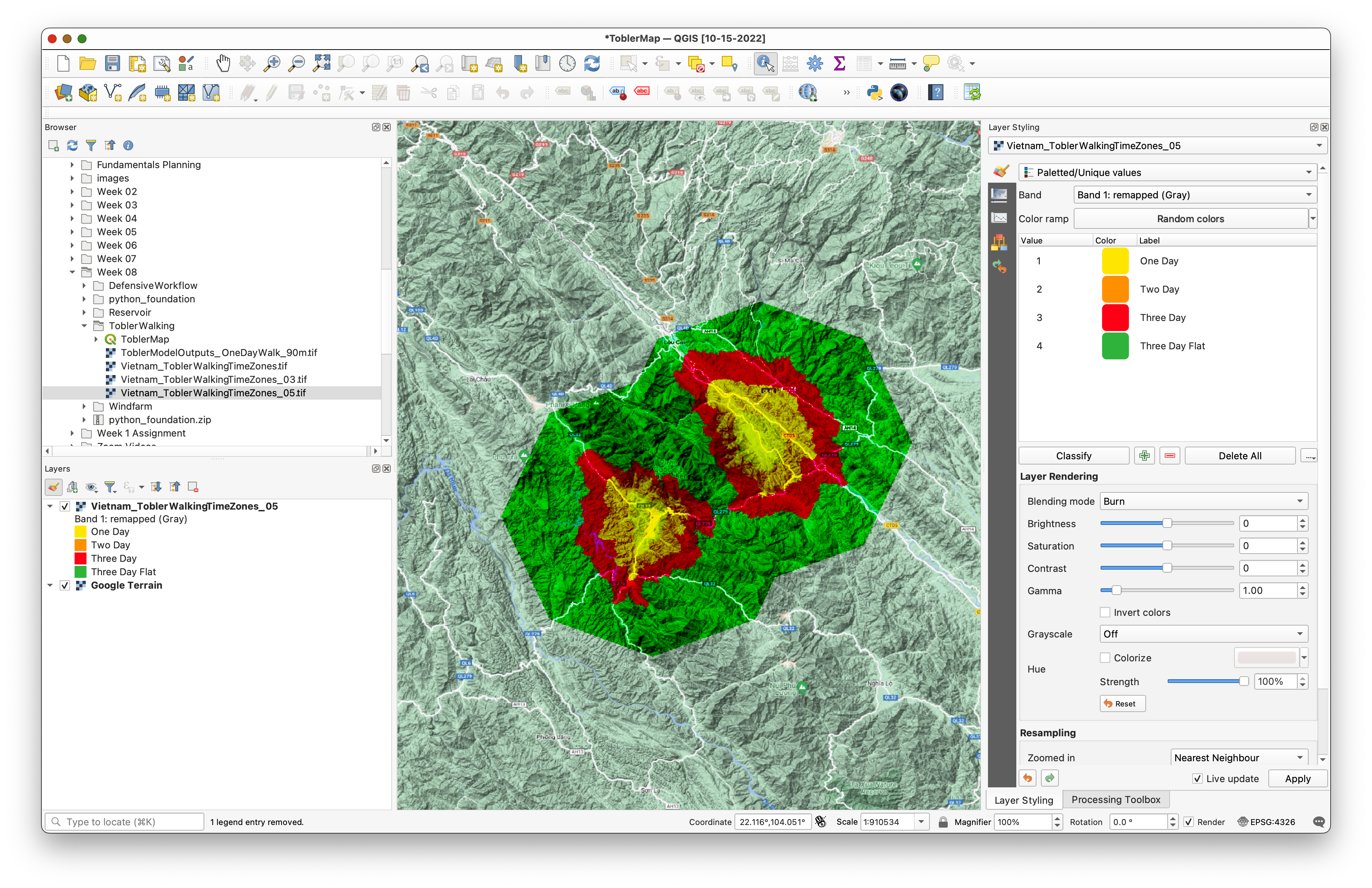 Screenshot showing the walkingTimesDataset layer styled in QGIS over a terrain basemap.