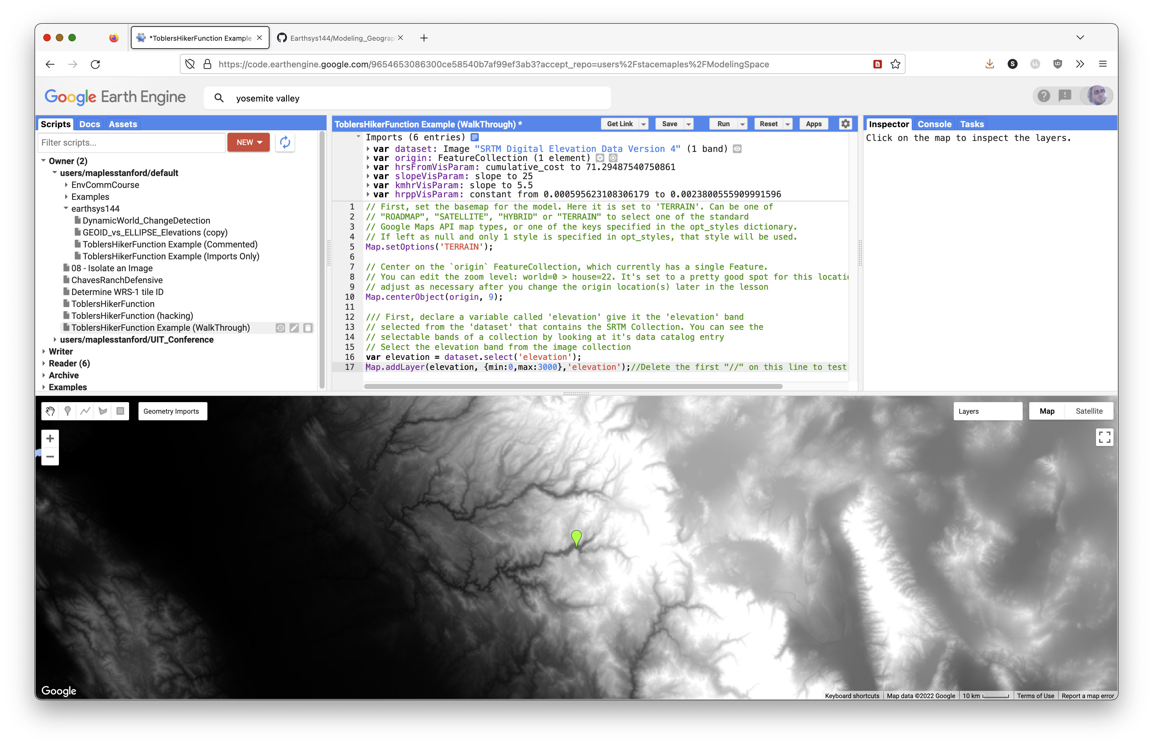 Screenshot showing the SRTM elevation layer added to the Earth Engine map.