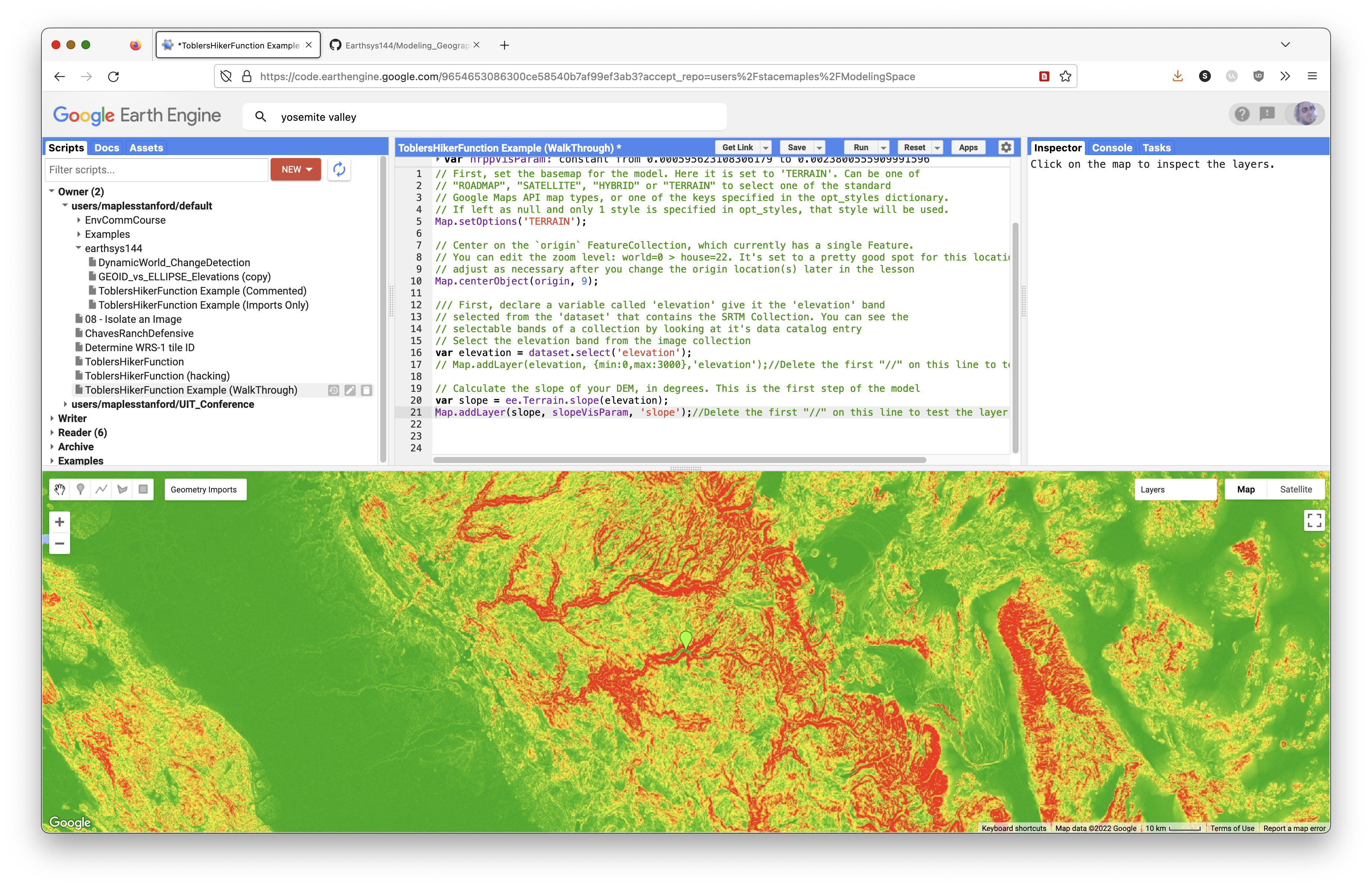 Screenshot showing the slope layer rendered in Earth Engine.