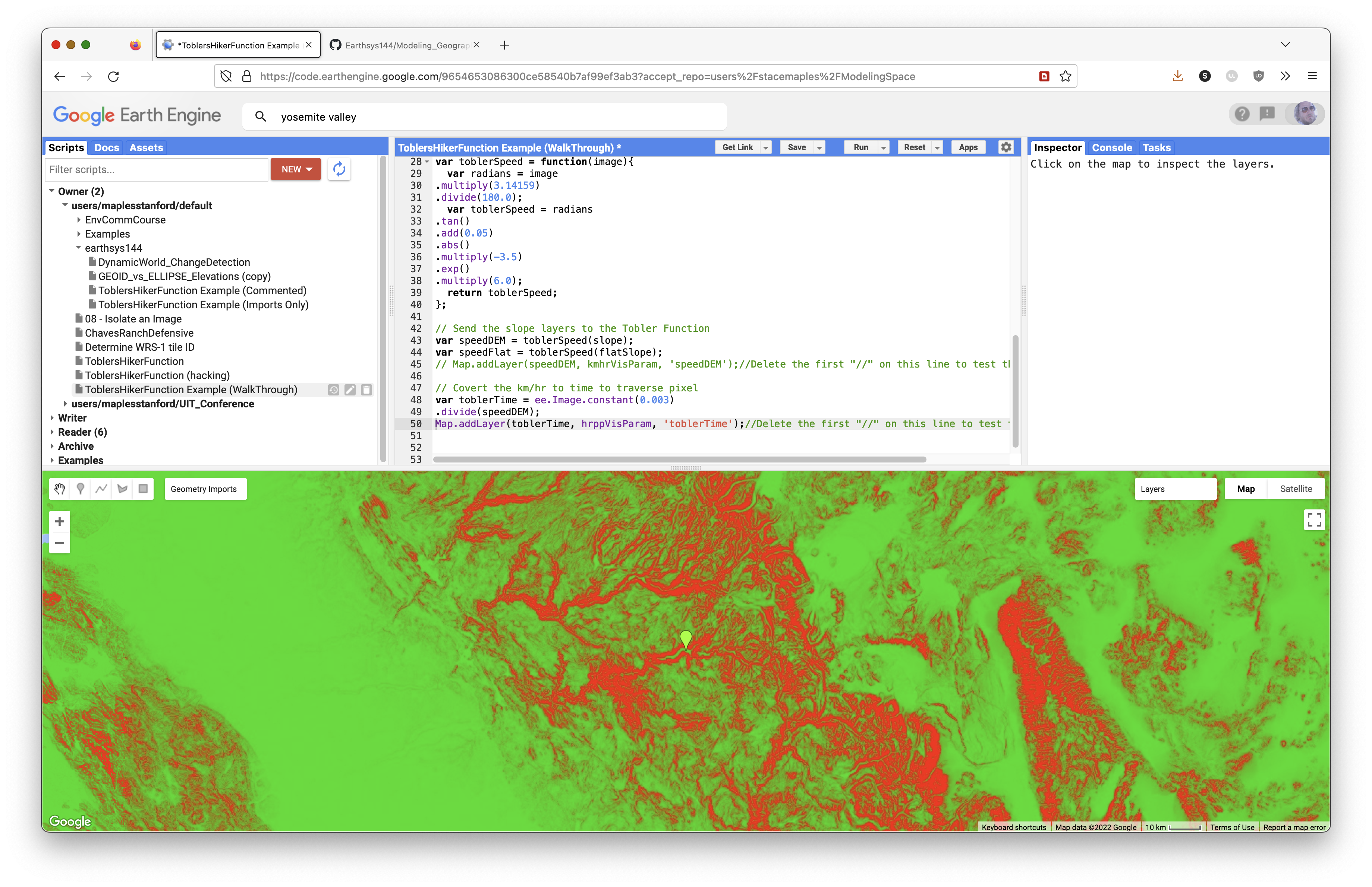 Screenshot showing the travel-time cost layer rendered in Earth Engine.