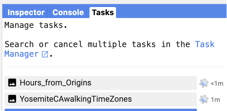 Screenshot showing the Earth Engine Tasks tab with an export task waiting.