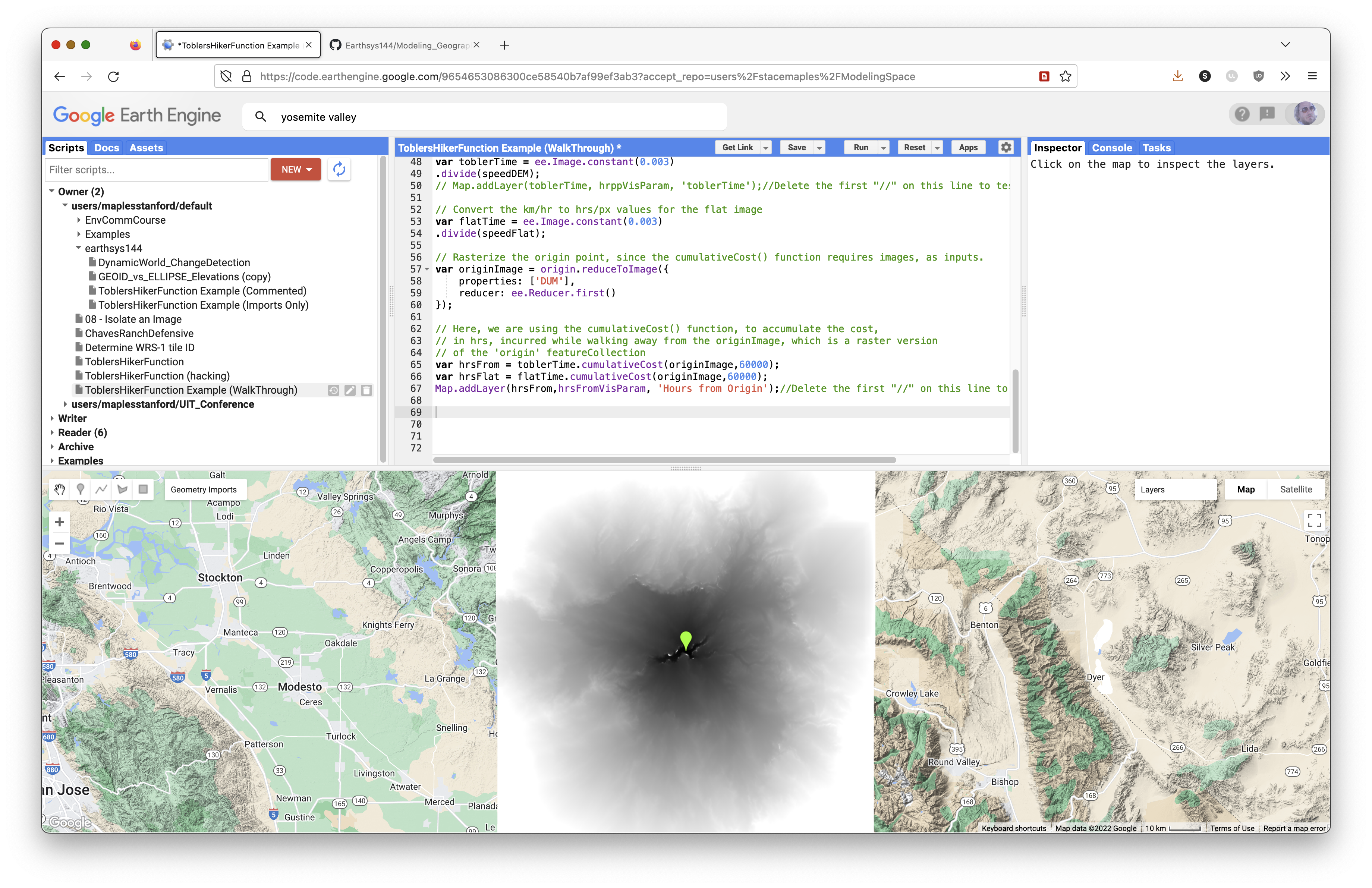 Screenshot showing the hours-from-origin layer rendered in Earth Engine.