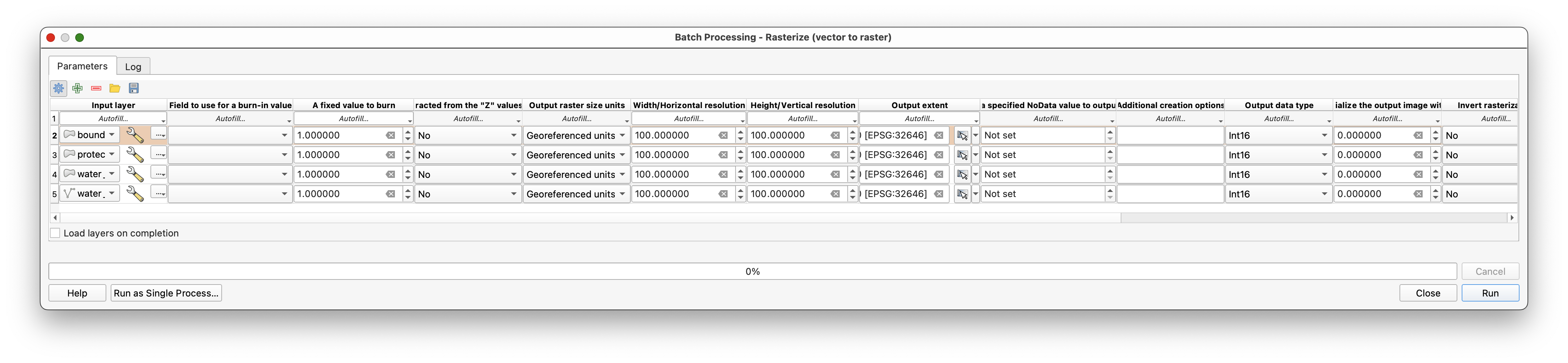 Filling the shared raster settings down the batch table