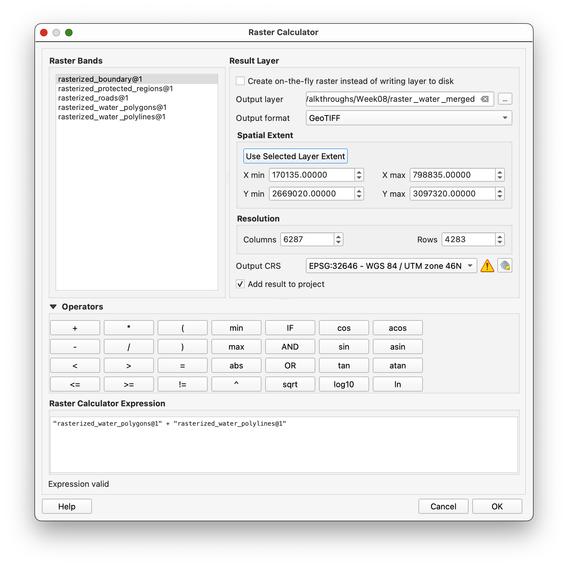 Combining the water rasters in the Raster Calculator