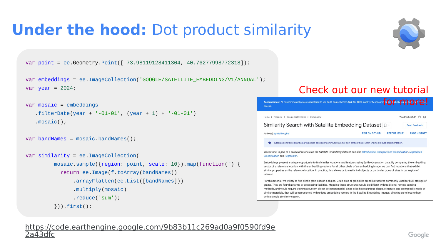 Slide explaining dot-product similarity in 64-dimensional embedding space and why aligned vectors are interpreted as more similar.