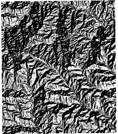 The same hillshade with a different illumination angle, showing how a tiny change in parameters can make the terrain look very different.