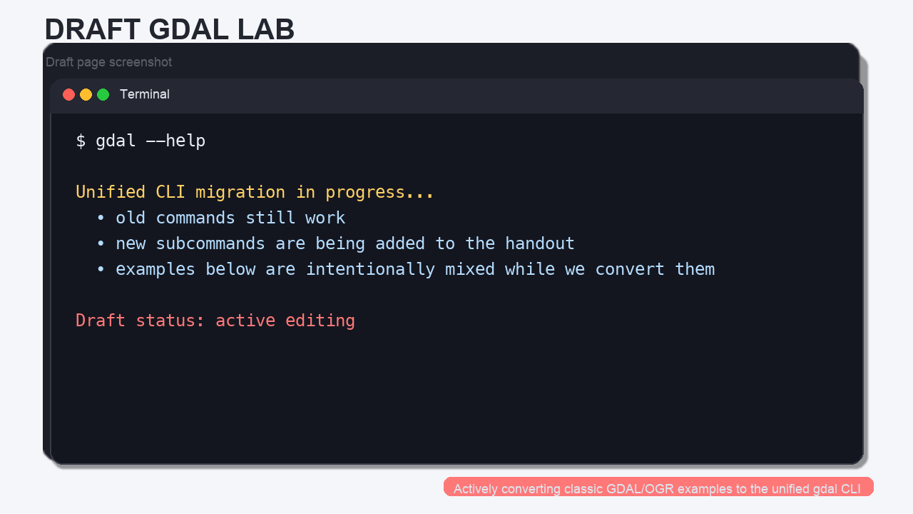 Draft screenshot showing the lab is still being actively converted to the unified GDAL CLI.