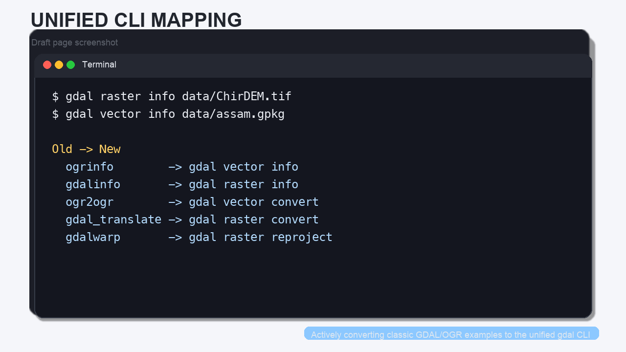 Screenshot-style overview of the old-to-new command mapping used while the handout is being rewritten.