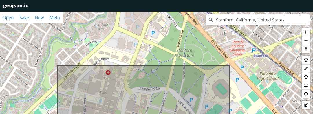 Screenshot showing the geojson.io toolbar with options for drawing point, line, and polygon features