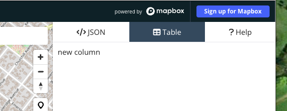Screenshot of the Table tab in geojson.io showing a default "new column" ready to be renamed