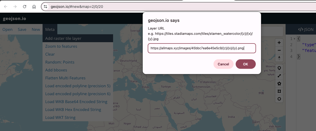 Screenshot of geojson.io showing the "Add raster tile layer" dialog box with the Snow map XYZ tile URL inserted.